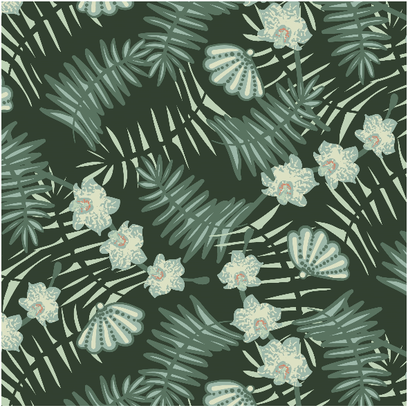 Fabric 33155 | tropikalny zielony tropical palm leaves orchids seashells dark green