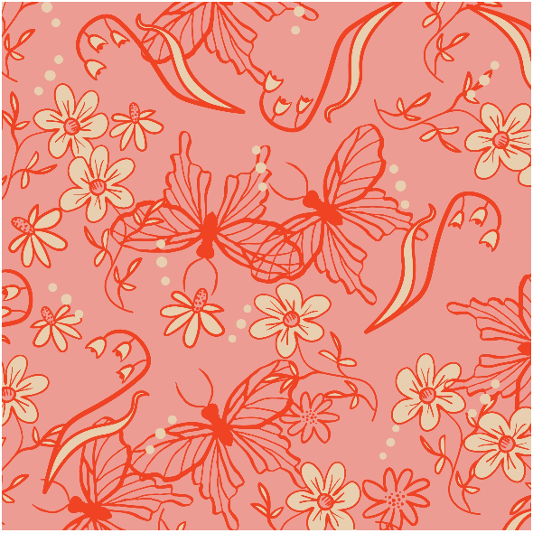 Tkanina 33162 | różowe kwiat i motyle Flowers and butterflies garden on coral pink