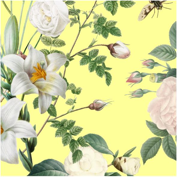 Fabric 33308 | BIAŁE KWIATY NA KANARKOWYM TLE