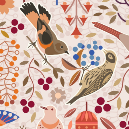 33835 | Birds chirp and sing having a berry party in a woodland with folksy art stylized flowers leaves and berries. 