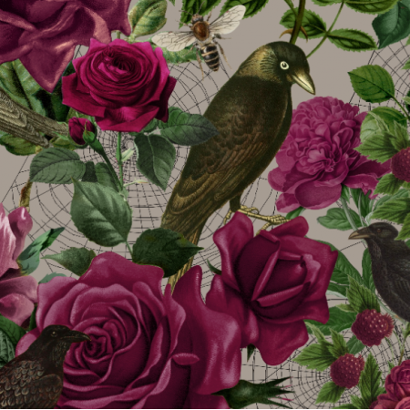 Fabric 34336 | Bordowe Róże i CzaRne Ptaki