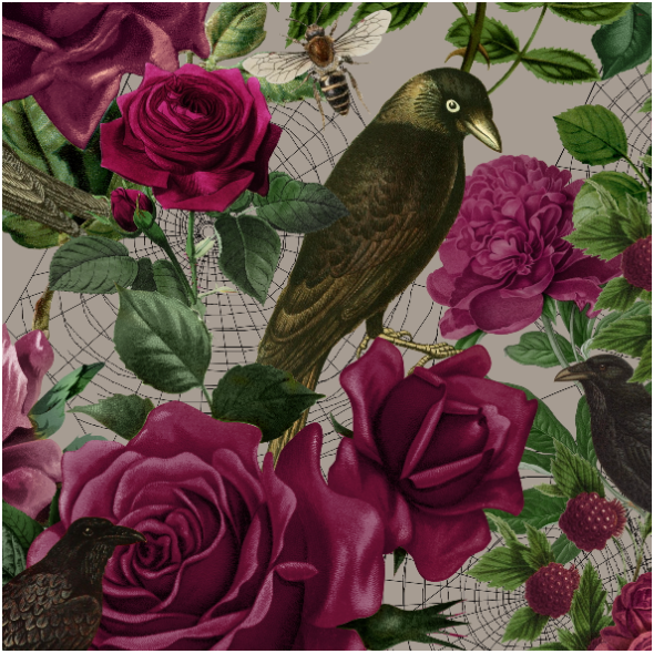 Tkanina 34336 | Bordowe Róże i CzaRne Ptaki