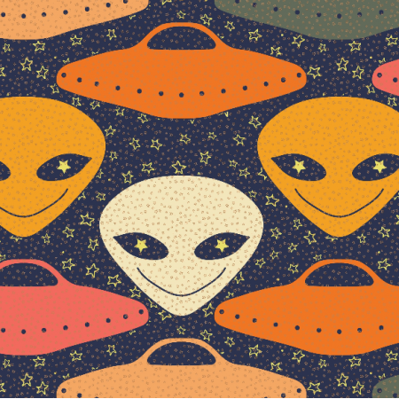 Fabric 34364 | smiling aliens and flying saucers in retro style ufo kosmici