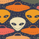 Tkanina 34364 | smiling aliens and flying saucers in retro style ufo kosmici