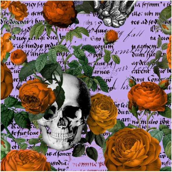 Fabric 34523 | Gotyk Czaszki i Pomarańczowe róże na fioletowym tle