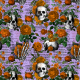 Tkanina 34523 | Gotyk Czaszki i Pomarańczowe róże na fioletowym tle