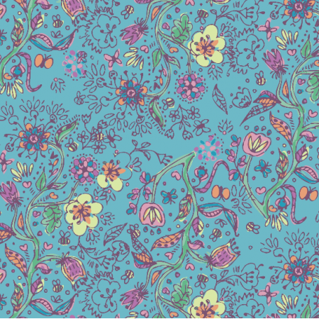 Tkanina 34597 | floral doodle on blue kwiatki motylki i pszczółki niebieski