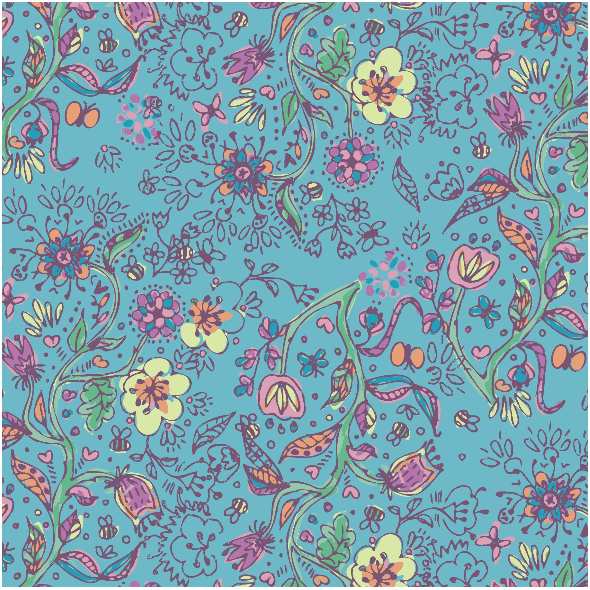 Tkanina 34597 | floral doodle on blue kwiatki motylki i pszczółki niebieski