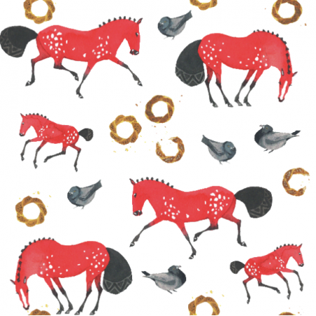 Fabric 34900 | Czerwone konie, gołębie i obwarzanki
