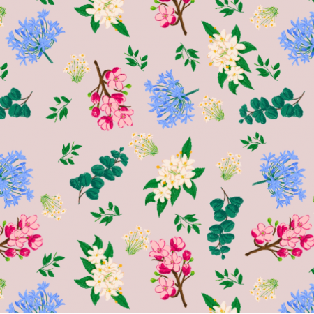 36160 | Blue, white and pink flowers on beige background