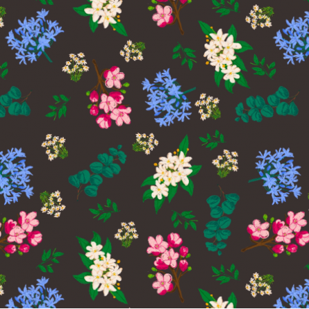 Tkanina 36161 | BLUE, WHITE AND PINK FLOWERS ON dark background