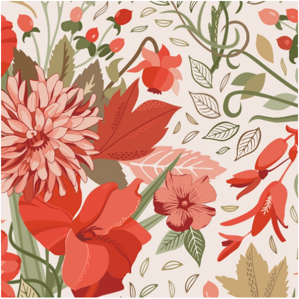 Fabric 36679 | bouquets of gladioluses, dahlias and other mixed traditional flowers, leaves and berries.0