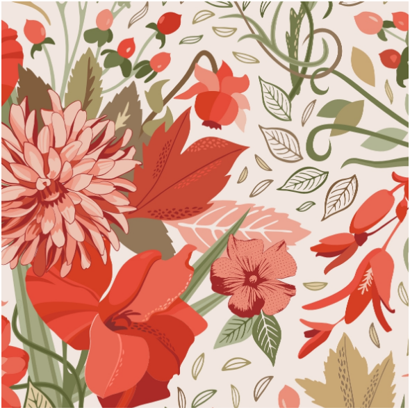 Tkanina 36679 | bouquets of gladioluses, dahlias and other mixed traditional flowers, leaves and berries.0