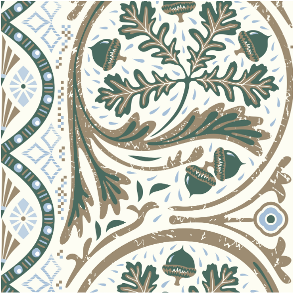 Fabric 36682 | Oak tree leaves and acorns with geometric elements and texture