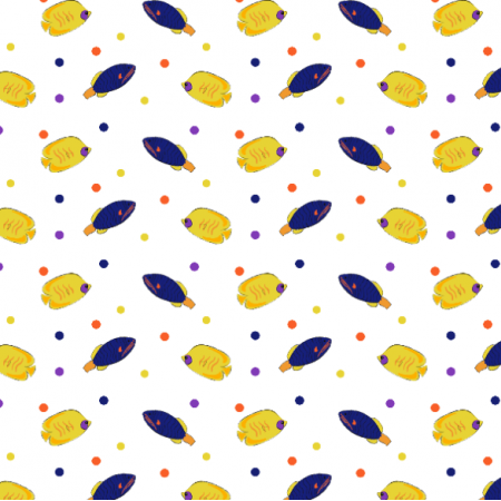 Tkanina 36835 | zolte i niebieskie rybki z kropkami