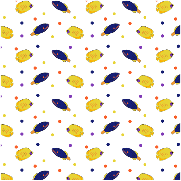 Tkanina 36835 | zolte i niebieskie rybki z kropkami