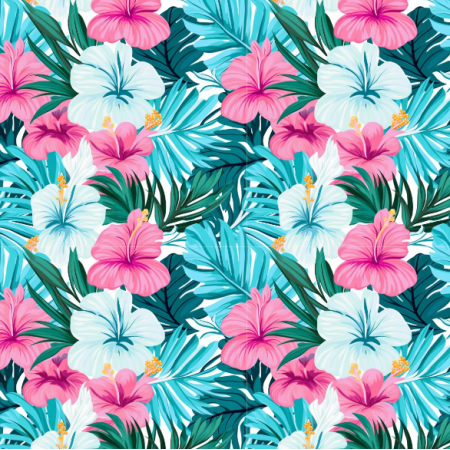 Fabric 38572 | Tropikalne kwiatki z  rozowym hibiskusem