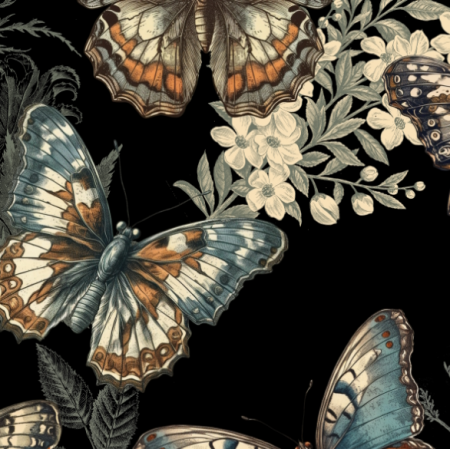 Tkanina 38863 | motyle i kwiaty na czarnym tle 
