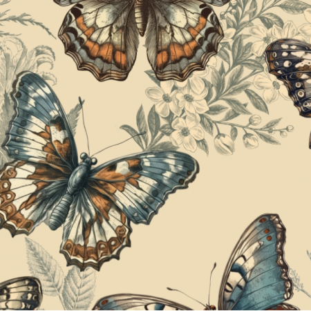 Tkanina 38865 | motyle i kwiaty na kremowym tle 