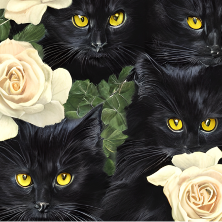 Tkanina 38915 | czarne koty i białe róże 