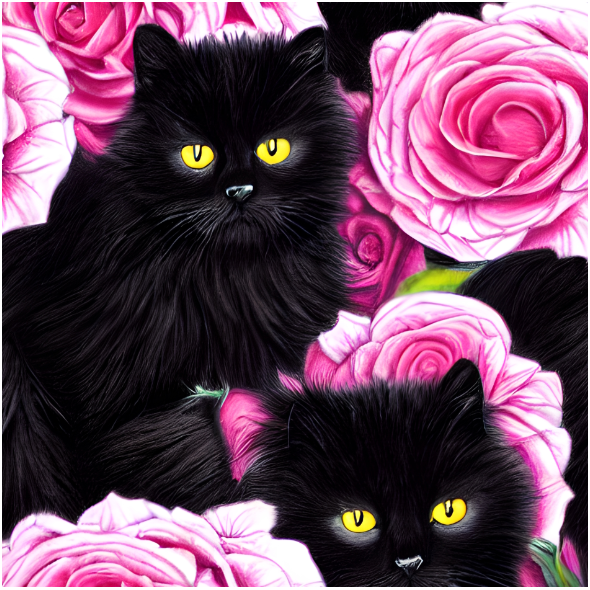 Tkanina 39029 | CZARNE KOTY I RÓŻOWE RÓŻE - BLACK CATS AND PINK ROSE FLOWERS 