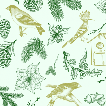 Fabric 39228 | ZIMOWE PTAKI - ZIELONE / WINTER BIRDS -GREEN 
