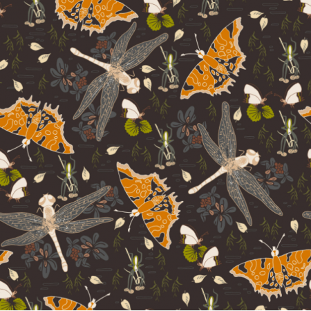 Fabric 39882 | Butterfly, spider and dragonfly in swamp night