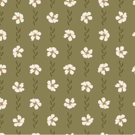39883 | polka dot white flowers with twigs on olive green