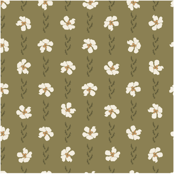 Tkanina 39883 | polka dot white flowers with twigs on olive green