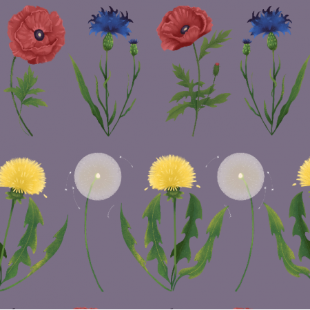 Tkanina 40264 | kwiaty polne wzór pasowy fioletowy