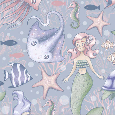 Fabric 40681 | Syrenka i zwierzęta morskie