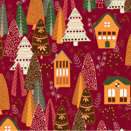 Fabric 40814 | christmas trees and homes on bright red