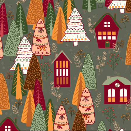 Fabric 40815 | christmas trees and houses on green