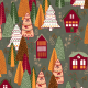 Tkanina 40815 | christmas trees and houses on green