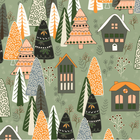 Fabric 40816 | christmas trees and houses on light green