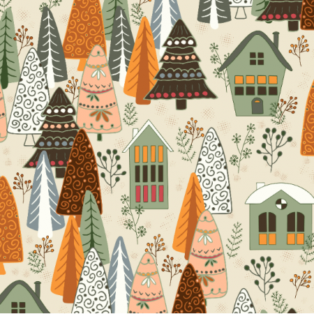 Tkanina 40817 | christmas trees and houses on beige