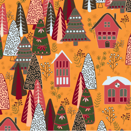 Tkanina 40818 | christmas trees and houses on bright orange