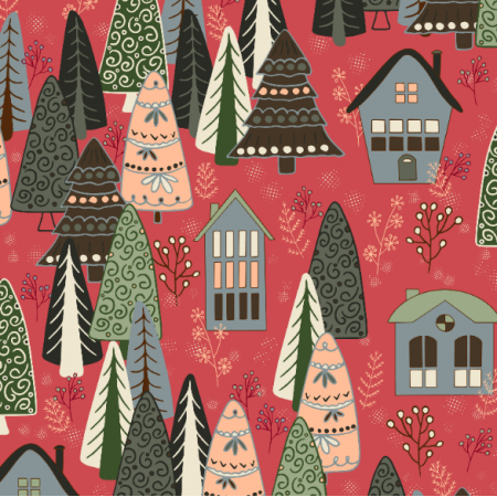 Tkanina 40819 | christmas trees and houses on raspberry red