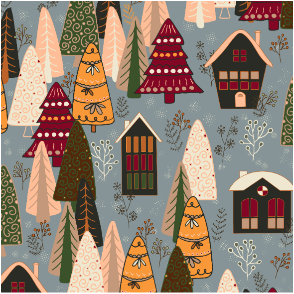 Tkanina 40820 | christmas trees and houses on grey