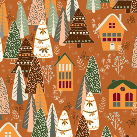 Fabric 40821 | christmas trees and houses on brown
