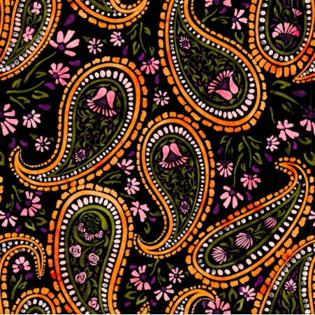 Fabric 42865 | Orientalny Wzór Paisley z Kwiatkami - Czarne Tło 