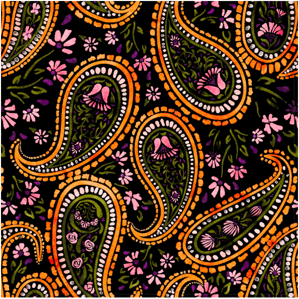 Fabric 42865 | Orientalny Wzór Paisley z Kwiatkami - Czarne Tło 