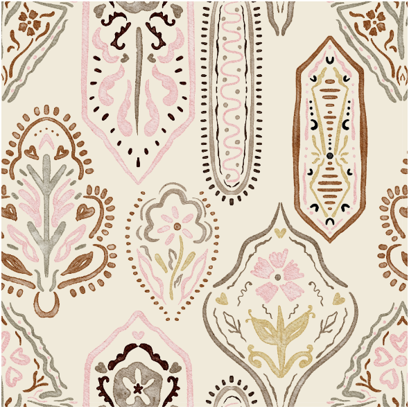 Tkanina 42866 | Orientalny Wzór BOHO - Kremowe Tło 