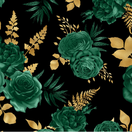 Fabric 43173 | Szmaragdowe Róże Na Czarnym Tle 