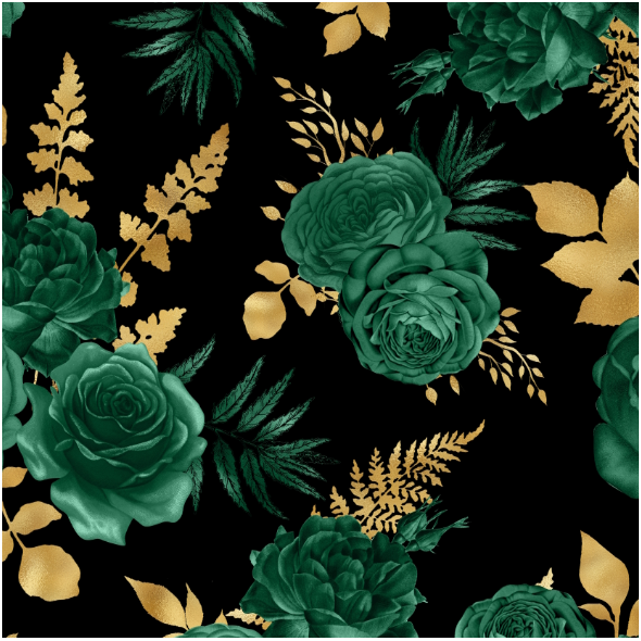 Fabric 43173 | Szmaragdowe Róże Na Czarnym Tle 