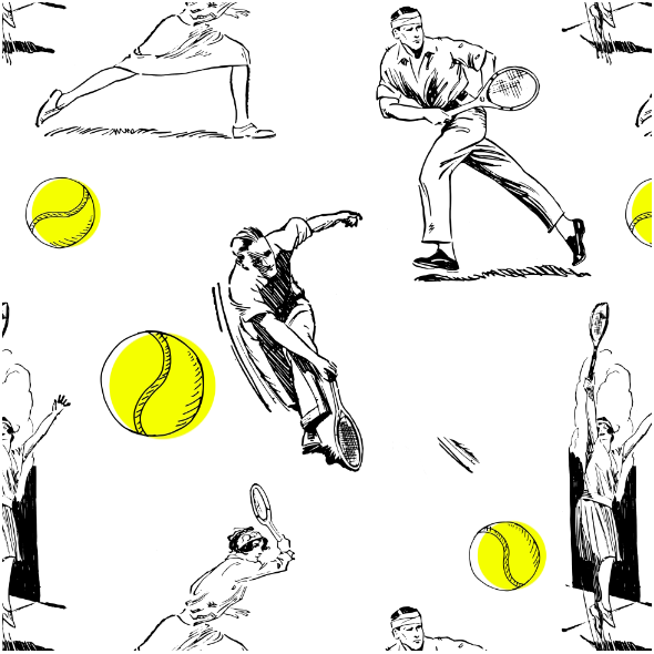 Fabric 43275 | Tenis  - CzArno-Biały wzór z Żółtymi Piłkami Tenisowymi 