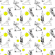 Fabric 43275 | Tenis  - CzArno-Biały wzór z Żółtymi Piłkami Tenisowymi 