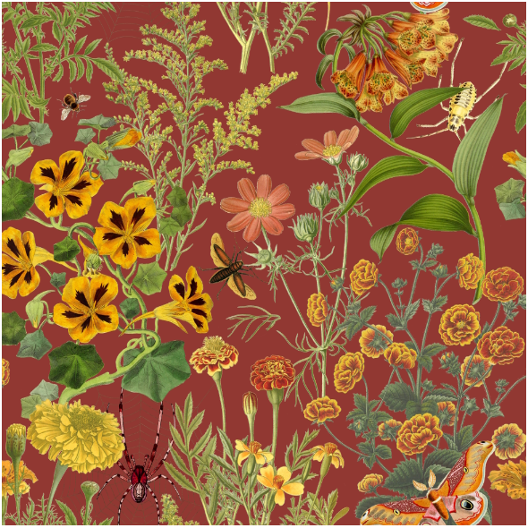 Tkanina 43297 | Jesienny Ogródek z Owadami Na Brązowym Tle