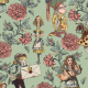 Tkanina 43767 | Alicja w Krainie Czarów i Ogród Różany - Zielone Tło 