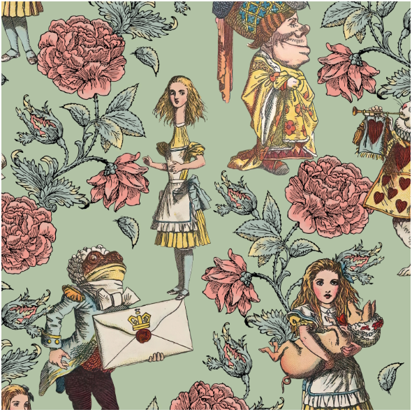 Tkanina 43767 | Alicja w Krainie Czarów i Ogród Różany - Zielone Tło 
